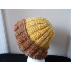 Hand knitted elegant and warm wool beanie/hat  brown + sunny yellow  eb-94660076